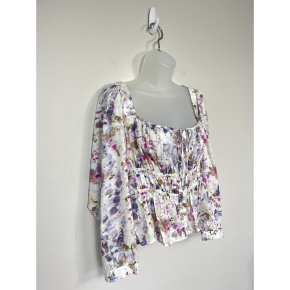 J Crew Top Womens 12 Floral Whimisical Milkmaid Blouse White Purple Cottagecore - Picture 5 of 13